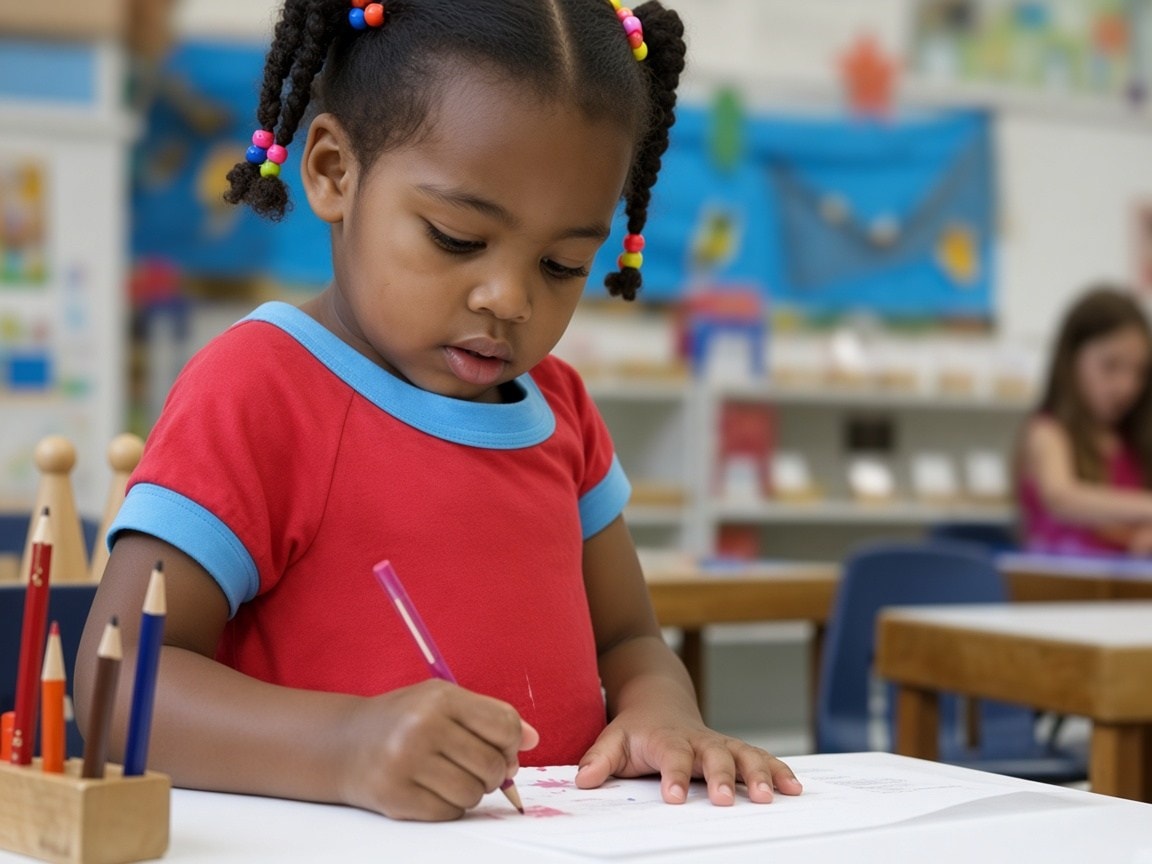 A child writes carefully with a red pencil