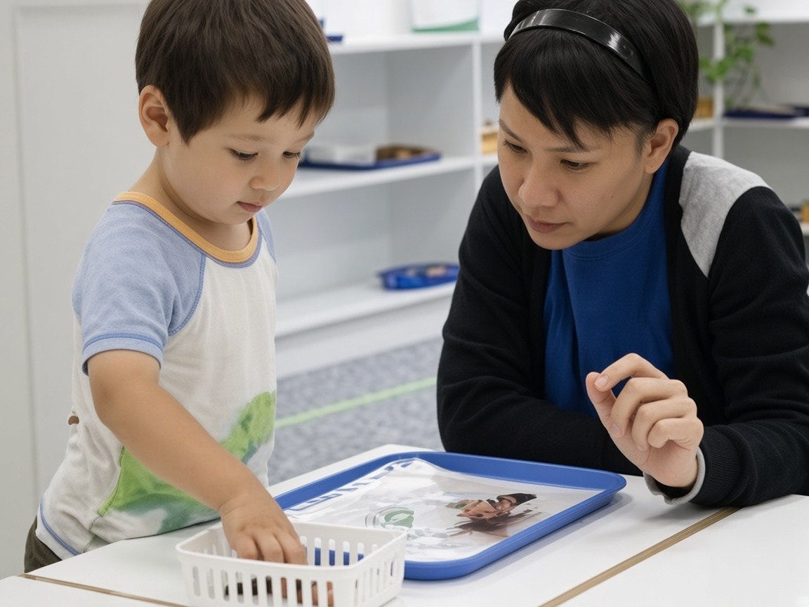 A teacher guides a child through a tray activity
