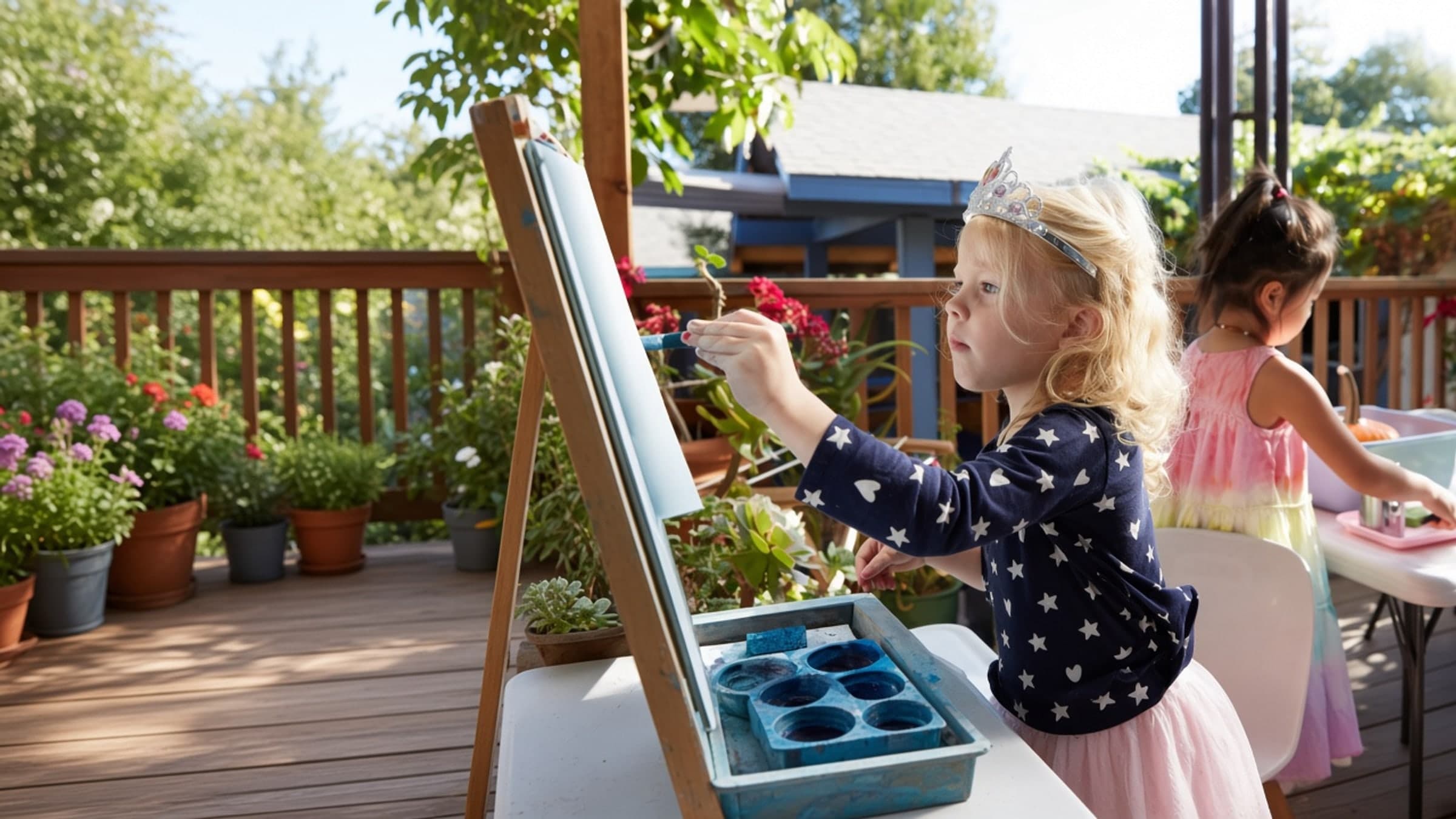 A preschooler in a star shirt paints at an outdoor easel