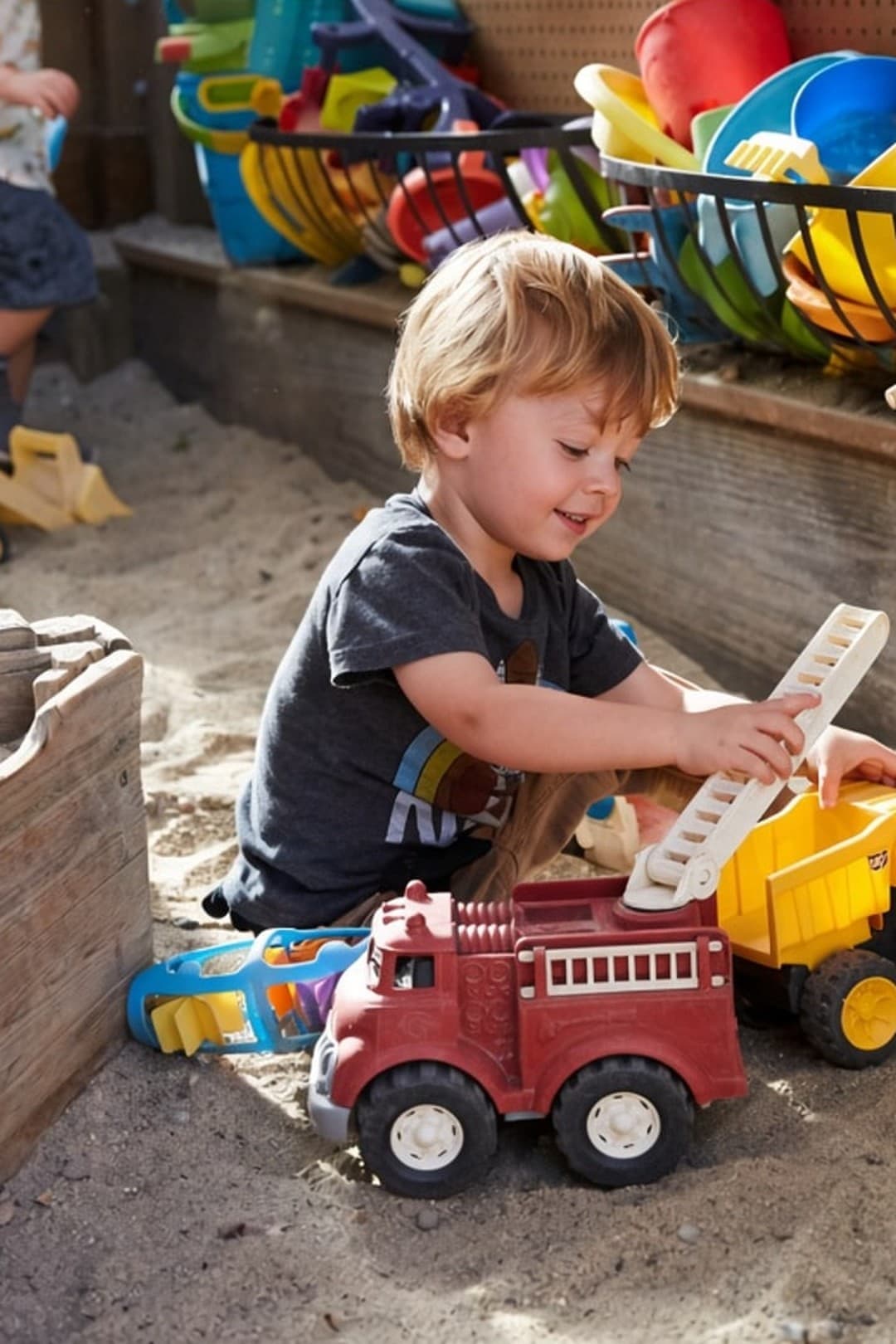 A smiling toddler plays with toy trucks in an outdoor sandbox