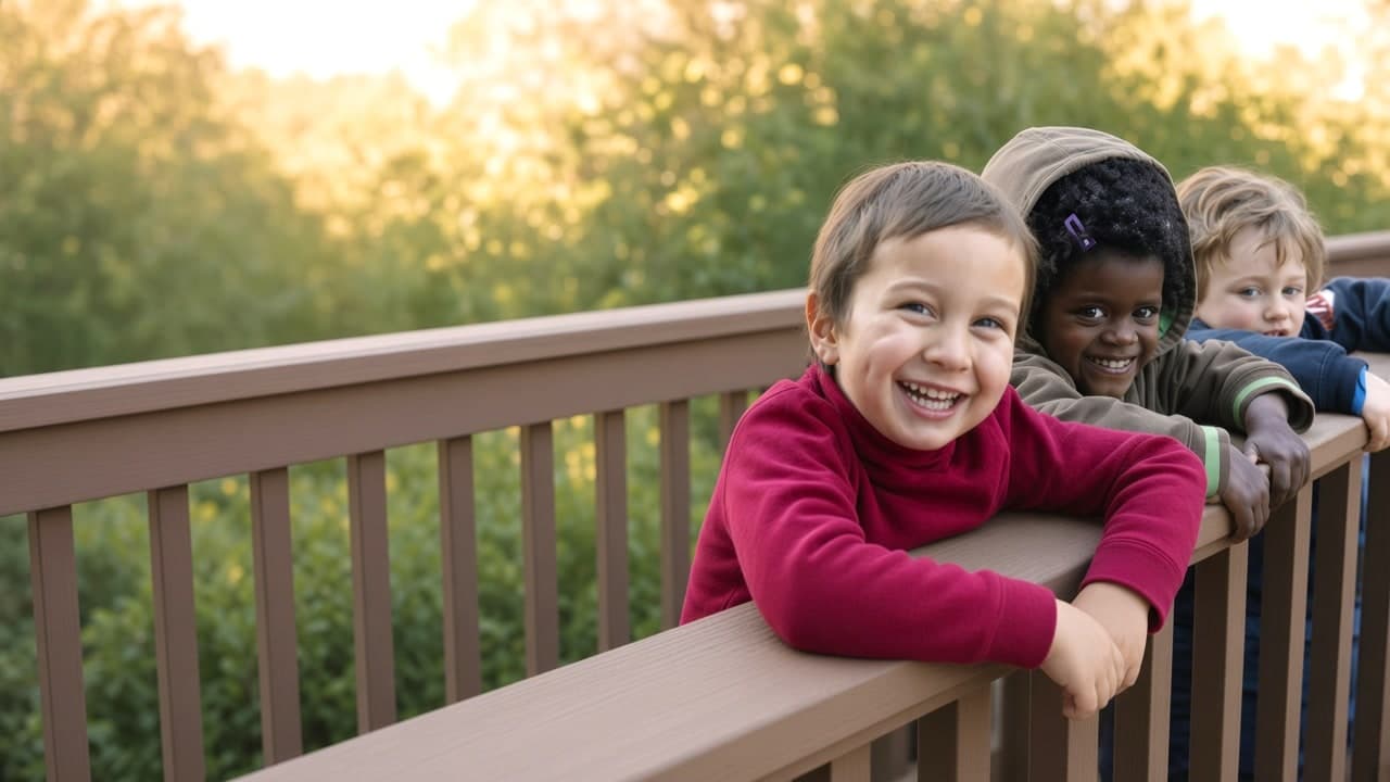 Three smiling preschoolers leaning on a wooden railing outdoors