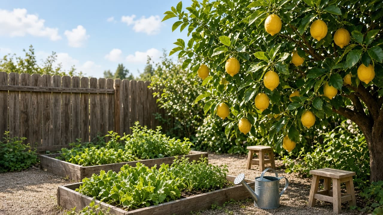 A sunny preschool garden with a lemon tree and raised beds