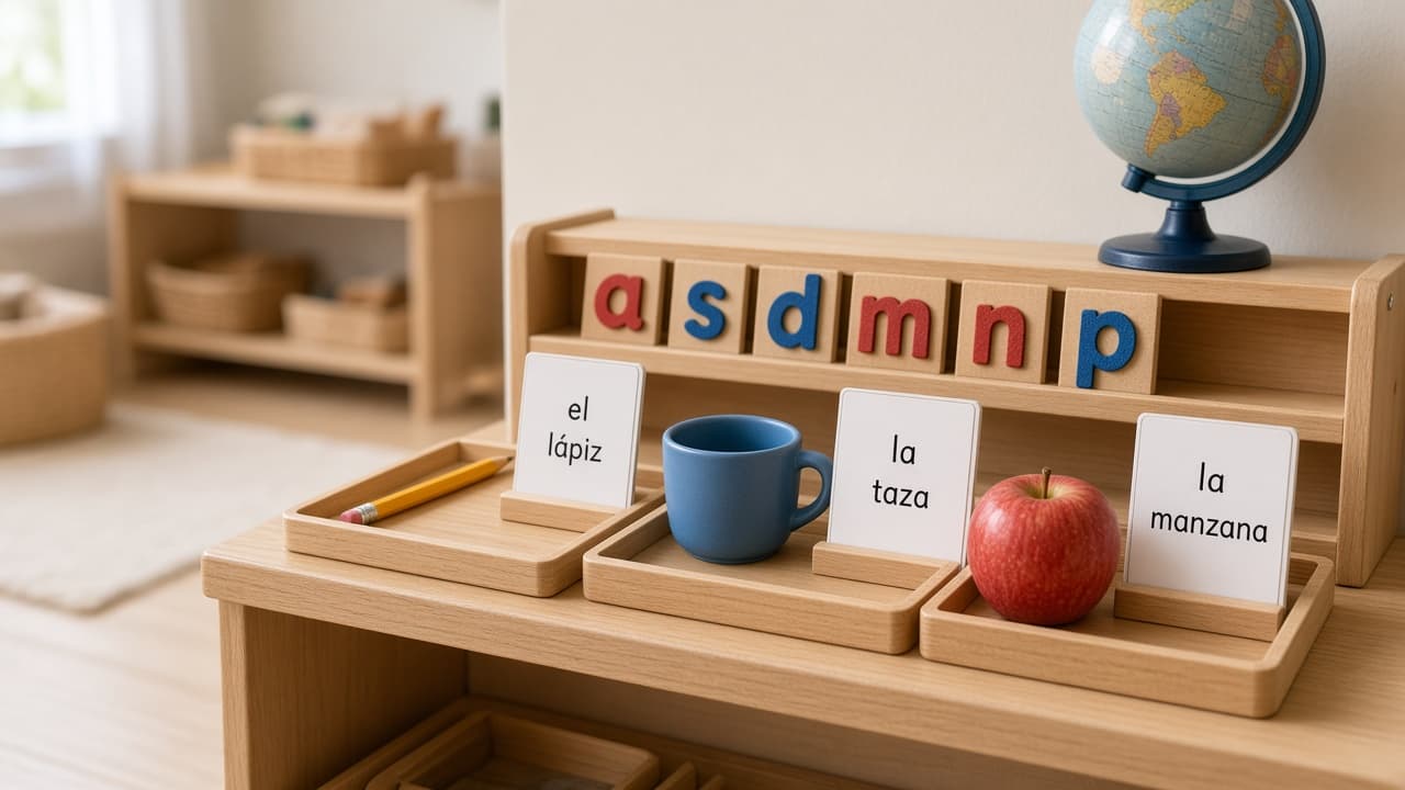 A bilingual language shelf with Spanish vocabulary cards and objects